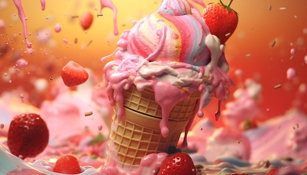 Photo gratuite glace dessert aux fraises, aliments sucrés gastronomiques d'été générés par l'intelligence artificielle