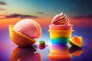 Photo gratuite des glaces colorées et un seau de glace à la fraise