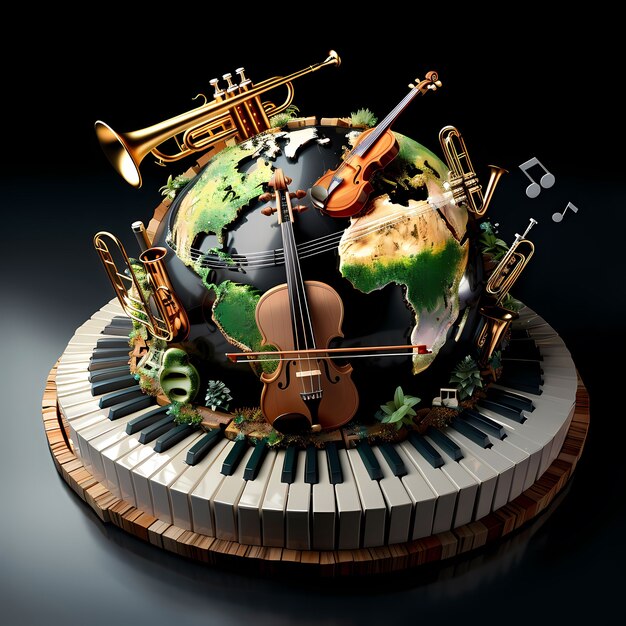 Globe 3D réaliste avec des éléments musicaux