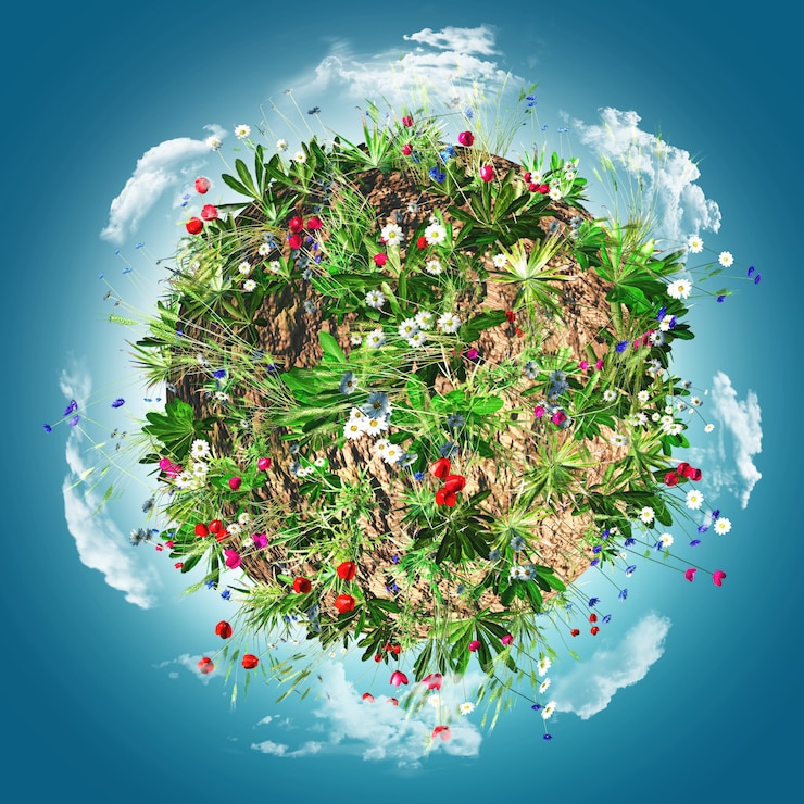 Photo gratuit globe avec des fleurs sauvages et des nuages
