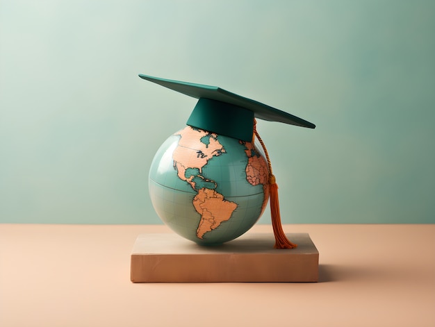 Photo gratuite le globe terrestre avec le chapeau de la remise des diplômes pour la journée de l'éducation