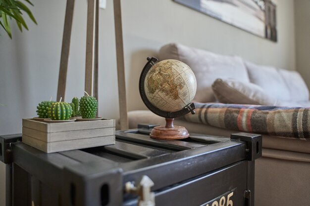 Globe terrestre figure sur l'étagère à côté d'une plante près du lit