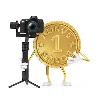 Golden loyalty program bonus coin person character mascot avec dslr ou système de trépied de stabilisation de cardan de caméra vidéo sur fond blanc. rendu 3d