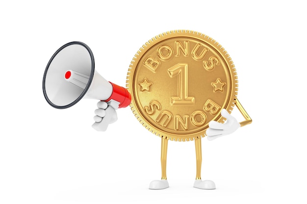 Golden loyalty program bonus coin person personnage mascotte avec mégaphone rétro rouge sur fond blanc. rendu 3d