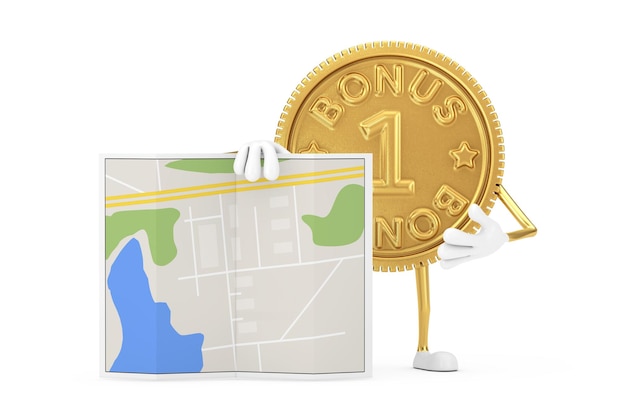 Golden loyalty program bonus coin personne personnage mascotte avec plan de ville abstrait carte sur fond blanc. rendu 3d
