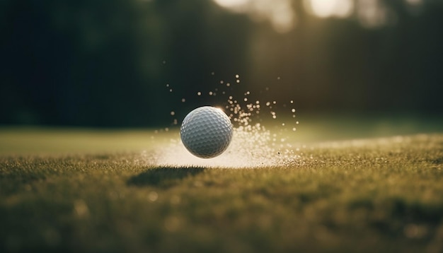 Un golfeur frappe une balle sur un parcours d'herbe verte généré par l'IA