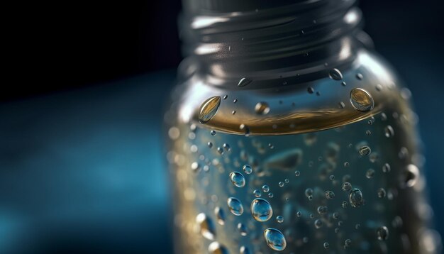 Une goutte de liquide bleu éclabousse dans une bouteille en verre générée par l'IA