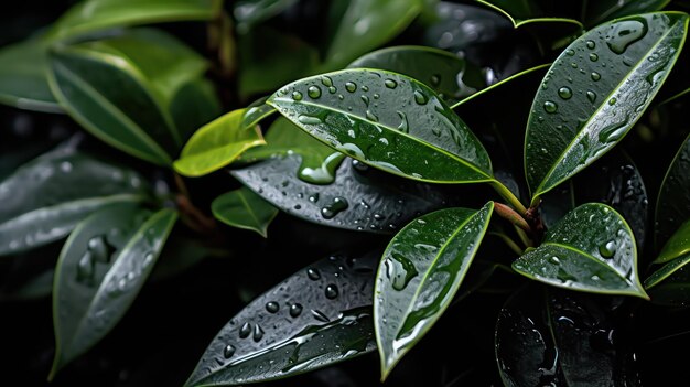 Gouttes de pluie scintillantes sur des feuilles sombres sur fond noir profond