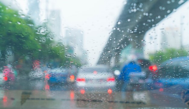 Gouttes de pluie sur verre de voiture