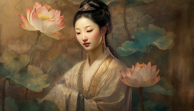 Gracieuse jeune femme ornée de fleurs de lotus générées par l'IA