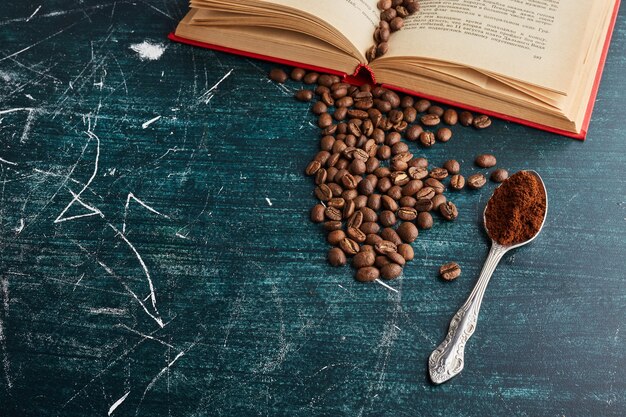 Grains de café dans une cuillère métallique.