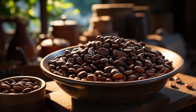 Photo gratuite des grains de café fraîchement moulus sur une table en bois rustique générée par l'intelligence artificielle