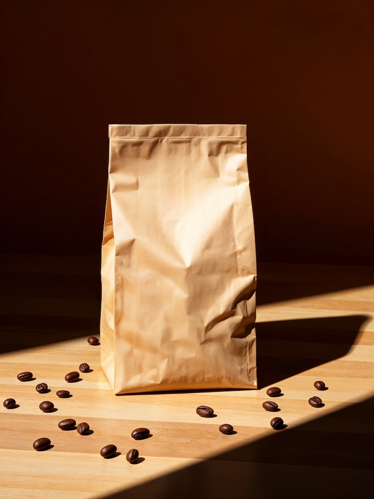 Photo gratuit des grains de café avec un sac en papier brun sur une table en bois