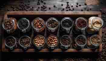 Photo gratuite des grains de café torréfiés foncés remplissent le moulin en bois généré par l'ia