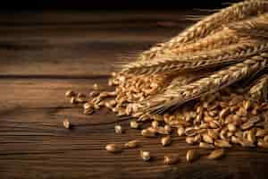 Photo gratuite grains de céréales sur une table en bois près du seigle ou de l'oreille de blé