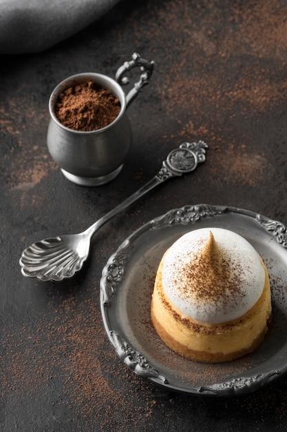 Grand angle de dessert sur une assiette avec du cacao en poudre