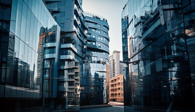 Un grand gratte-ciel en acier reflète la vie urbaine moderne générée par l'IA