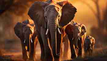 Photo gratuite un grand groupe d'éléphants africains marchant dans la savane africaine généré par l'intelligence artificielle