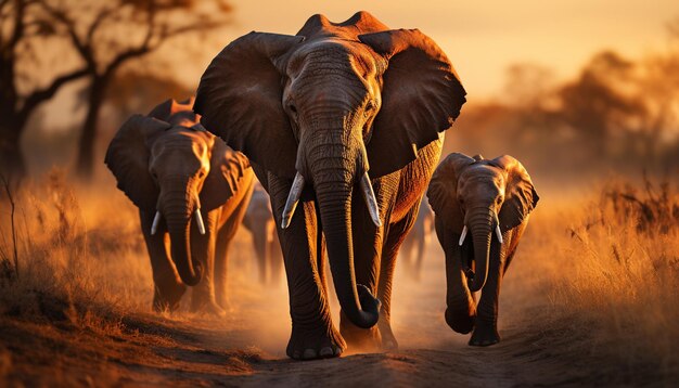 Un grand groupe d'éléphants africains marchant dans la savane africaine généré par l'intelligence artificielle