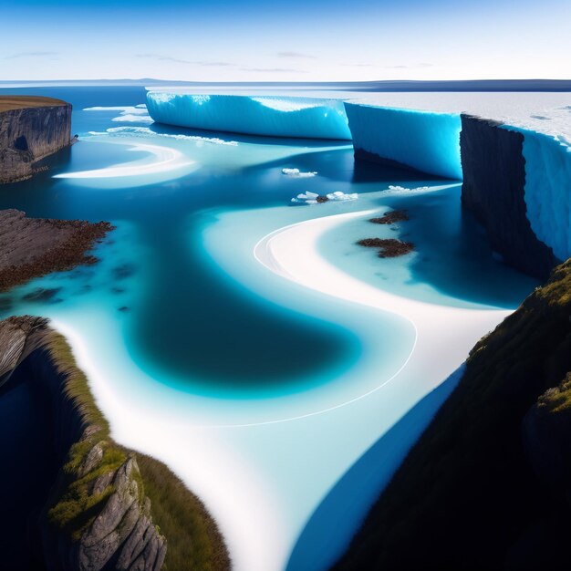 Un grand iceberg flotte dans l'eau avec le mot glace dessus.