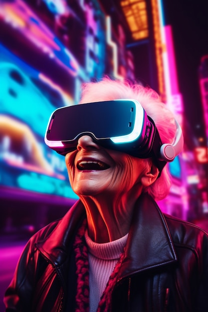 Grand-mère avec des lunettes VR dans une ville futuriste