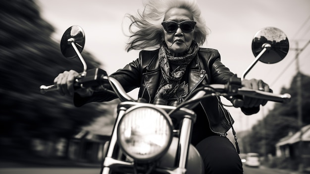 Photo gratuite une grand-mère rebelle sur une moto.