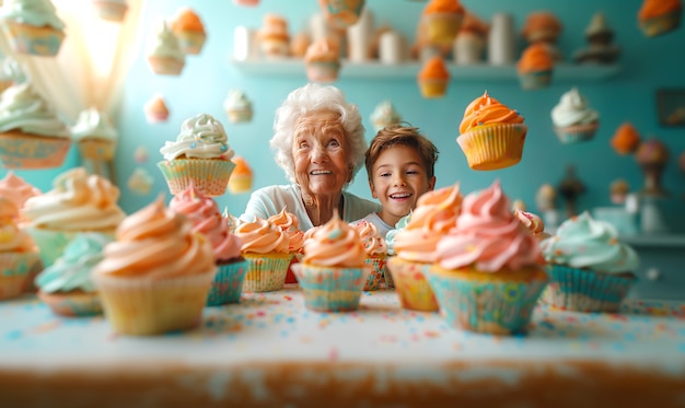 Photo gratuite grand-parent et petits-enfants dans un environnement magique et fantastique célébrant la journée des grands-parents