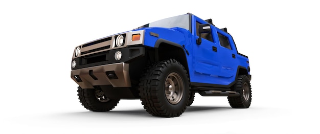 Grande camionnette tout-terrain bleue pour la campagne ou les expéditions sur fond blanc isolé. illustration 3d.