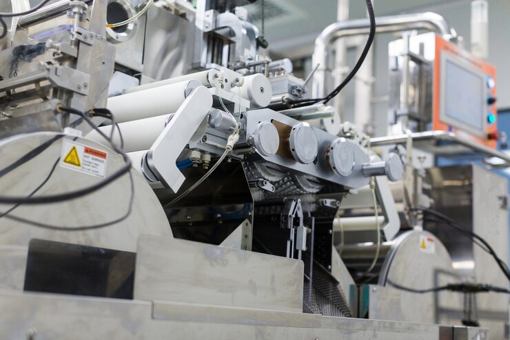 Grande machine de fabrication en acier chromé avec des arbres et un panneau de commande informatique de bellow