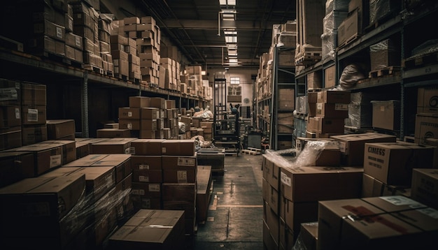 Une grande pile de boîtes en carton à l'intérieur de l'entrepôt générée par l'IA
