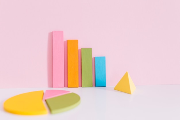 Photo gratuite graphique à barres coloré; camembert et pyramide jaune sur le bureau sur fond rose