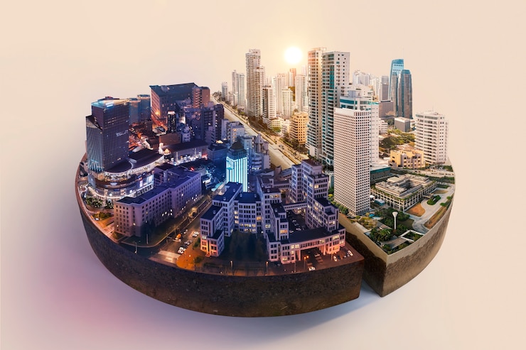 Photo gratuit graphique circulaire à angle élevé avec des villes