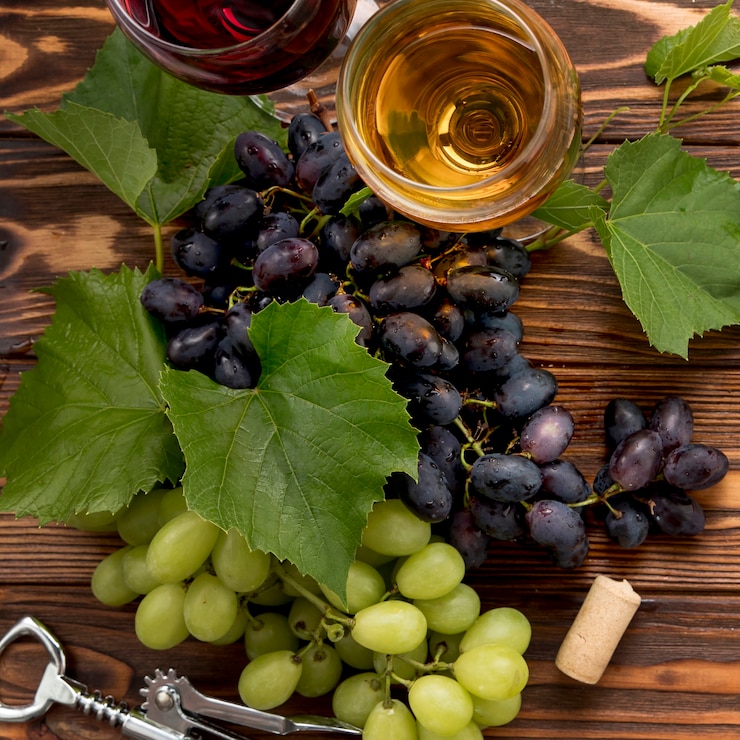 Photo gratuit grappe de raisin avec tire-bouchon sur fond en bois