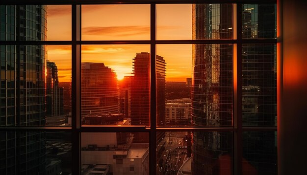 Les gratte-ciel de la ville reflètent la lumière vibrante du coucher du soleil dans le verre généré par l'IA