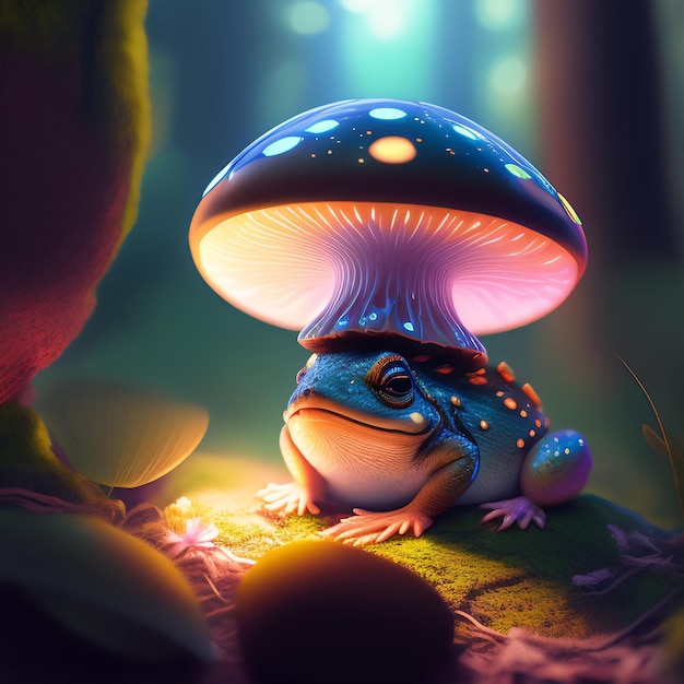 Une grenouille avec un champignon sur la tête est sous un champignon.