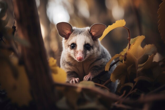 Gros plan sur un adorable opossum dans la nature