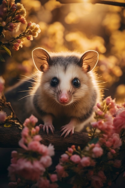 Photo gratuite gros plan sur un adorable opossum près des fleurs