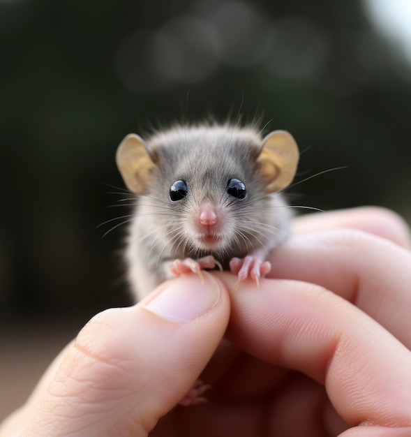 Photo gratuite gros plan sur un adorable opossum tenu à la main