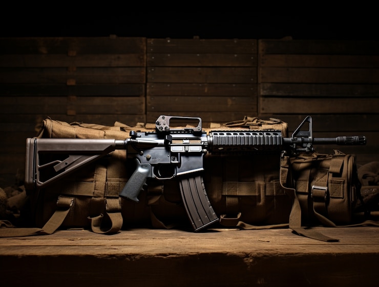 Photo gratuit gros plan sur l'ak-47 à côté des sacs de munitions