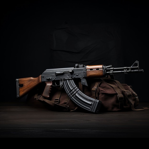 Gros plan sur l'AK-47 à côté des sacs de munitions