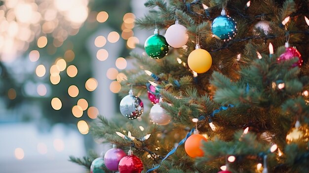 Gros plan sur un arbre de Noël joliment décoré