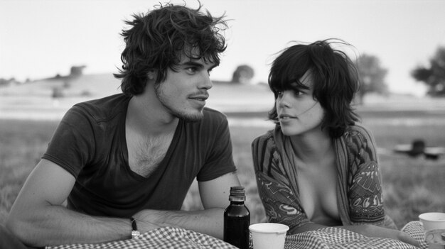 En gros plan, un beau couple en train de faire un pique-nique.