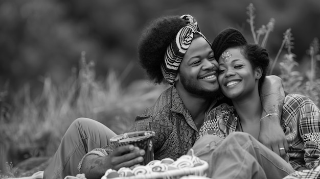 Photo gratuite en gros plan, un beau couple en train de faire un pique-nique.