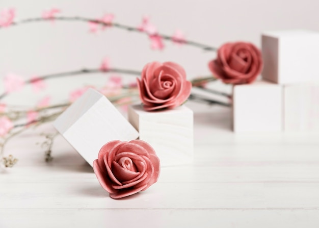 Photo gratuite gros plan de belles roses avec des cubes blancs