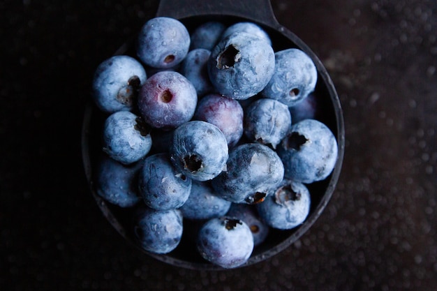 Gros plan de bleuets dans un bol noir avec fond sombre