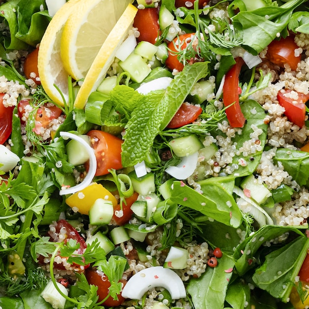 Gros plan de bol de quinoa aux herbes très fraîches