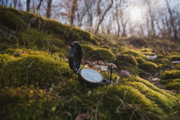 Photo gratuite gros plan de la boussole sur l'herbe