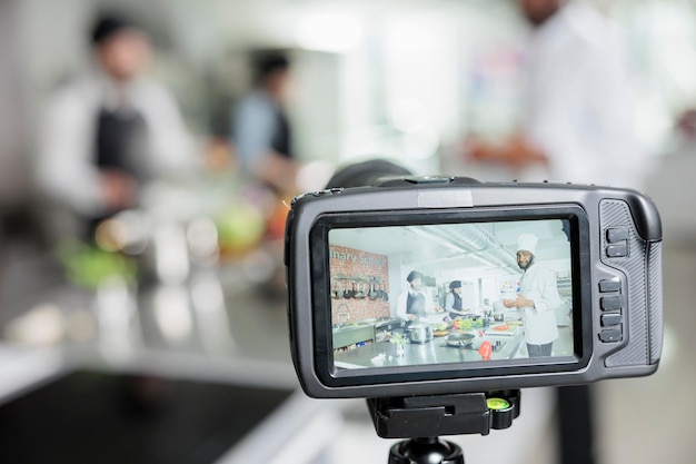 Gros plan sur une caméra enregistrant des travailleurs de l'industrie alimentaire préparant un délicieux plat gastronomique de légumes dans la cuisine du restaurant. Des experts en gastronomie diffusent le processus de préparation des repas pour le programme d'émissions culinaires télévisées.