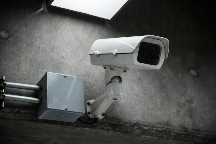 Photo gratuit gros plan de la caméra de vidéosurveillance sur le mur