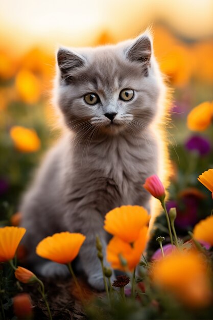 Gros plan sur un chaton entouré de fleurs